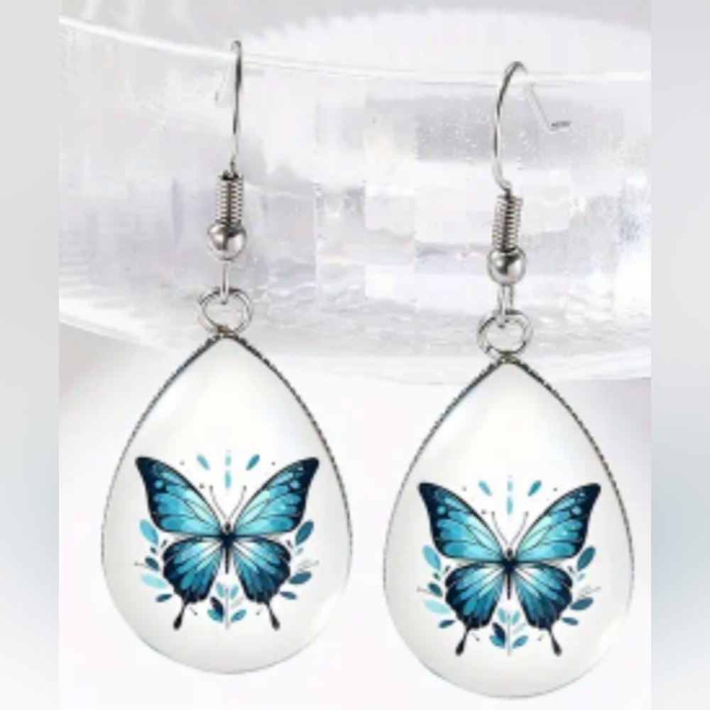 Y2K Elegant Blue Butterfly Preppy Summer Crystal Glass Gift Earrings‎